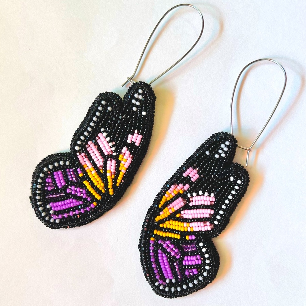 Purple Yellow Butterfly wings Beaded Earrings